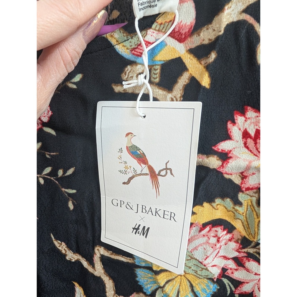 GP & J Baker H&M Floral Bird Print Dress Womens Black Chinoiserie Shift - Size 4 - Picture 3 of 8